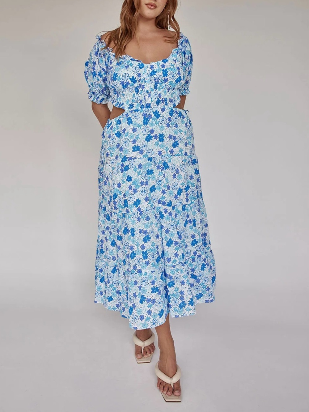 SABO Zara Floral Midi Dress Blue Size 2 NWT Cut Out Ruffled Smocked